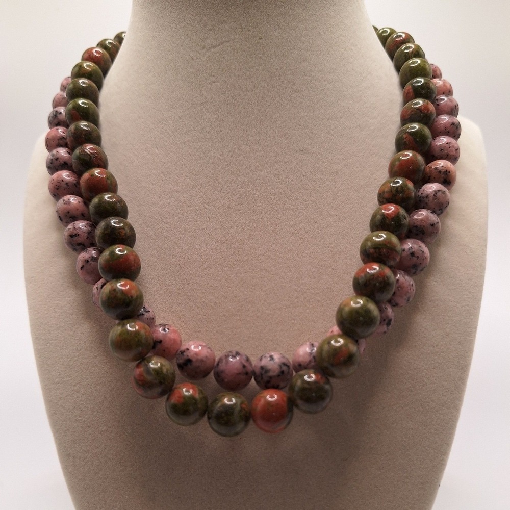 Unakite pink jasper beaded necklace 10 mm set of 2